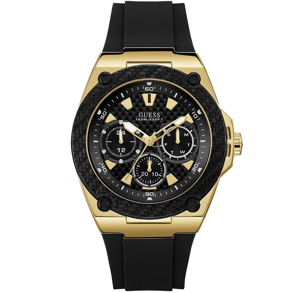 Reloj Guess Legacy U1049G5 Multifuncional Acero Inoxidable Dorado Correa de Silicona Negro
