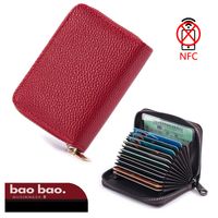 Tarjetero Billetera Hombre RFID Antirrobo de Cuero Rojo Portatarjetas para 14 Tarjetas