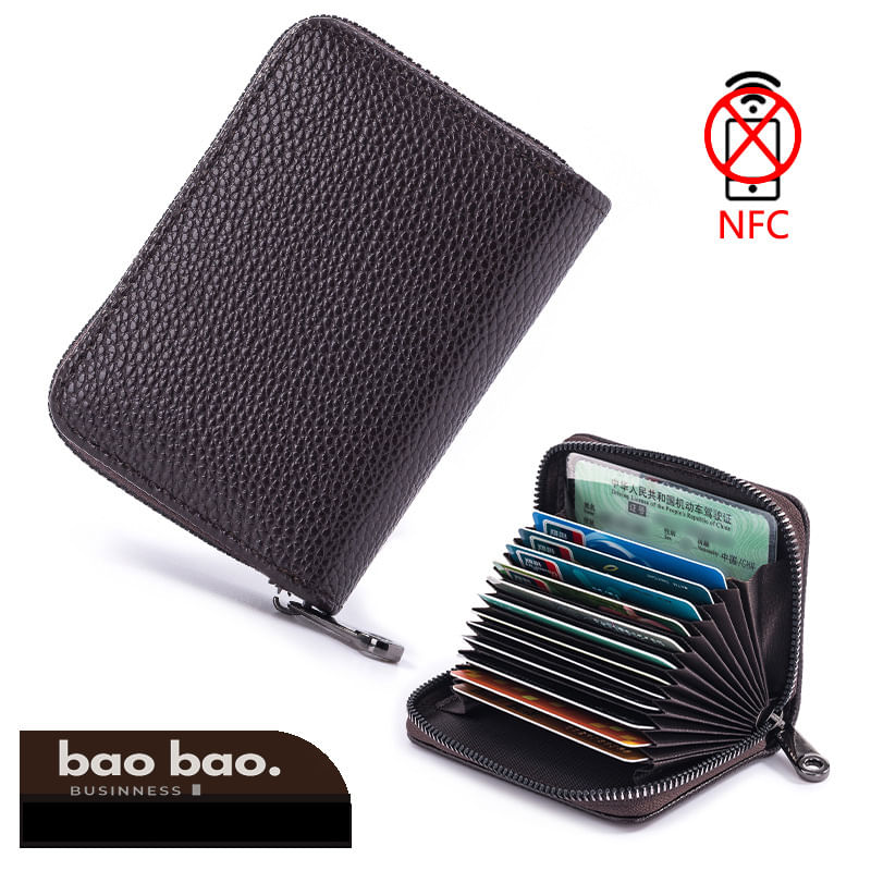 Tarjetero Billetera Hombre RFID Antirrobo de Cuero Marron Portatarjetas para 14 Tarjetas