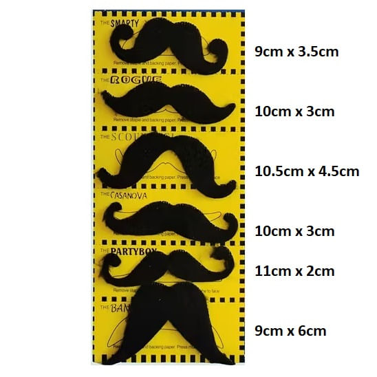 Set x 6 bigotes grandes negros falsos tipo sticker disfraz Halloween fiesta mexicana diseño 1