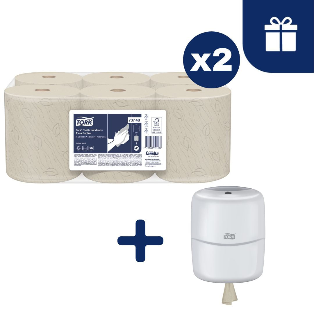 Papel Toalla Precortada Hoja Doble Tork Natural 12 x 120 mts + Dispensador