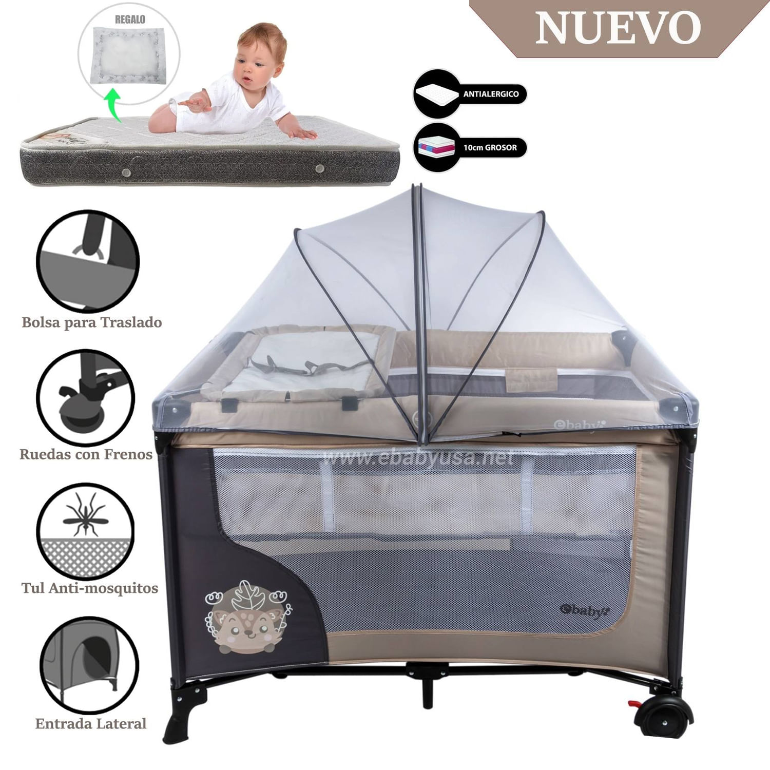 Cuna Corral Ebaby con Cambiador Happy Dream Beige EB727-2 + Colchón