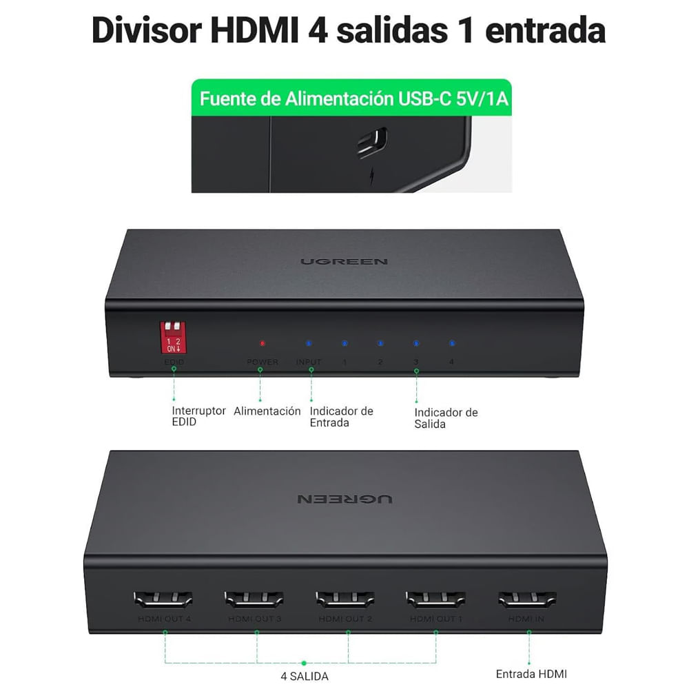 HDMI Splitter 1x4 2.0 UGREEN Full Hd 4K Multiplica Señal Conecta 4 tv