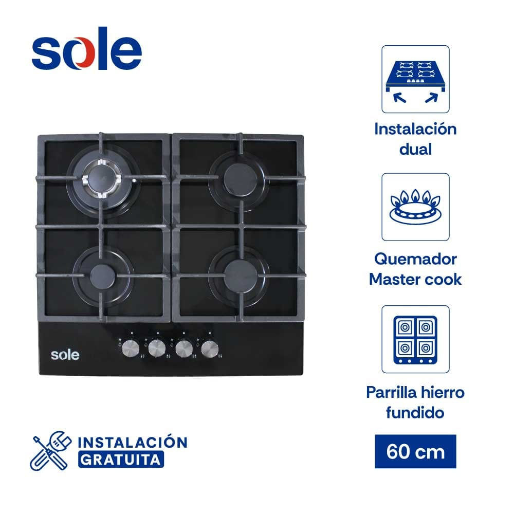 Encimera Empotrable a Gas GLP Sole SOLCO045V2 4 Quemadores con Vidrio Templado (MUNDO ELECTRONICO)