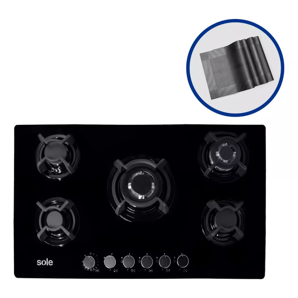 Cocina Empotrable Sole de Vidrio Templado, 5 Hornillas con Quemadores Triple Flama SOLCO059 (MUNDO E