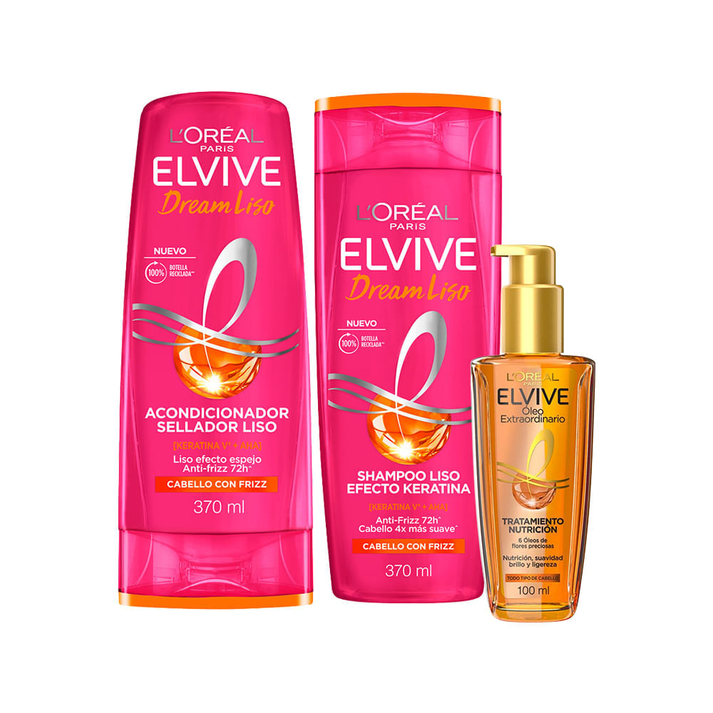 Pack Shampoo ELVIVE Dream Liso 370ml + Acondicionador ELVIVE Dream Liso 370ml + Óleo Extraordinario 100ml