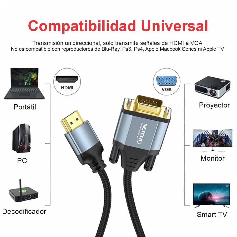 Cable Hdmi a Vga NETCOM 1080P FULL HD premium 1.8 Metros