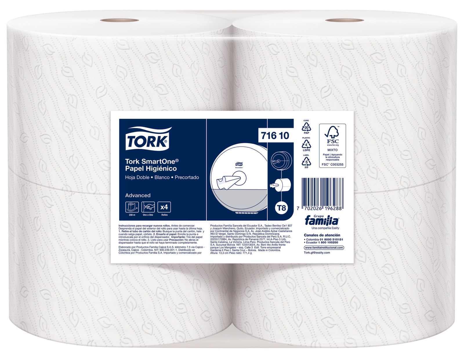 Papel Higiénico Premium Doble Hoja Tork Smartone Blanco 4 rollos x 200 mts