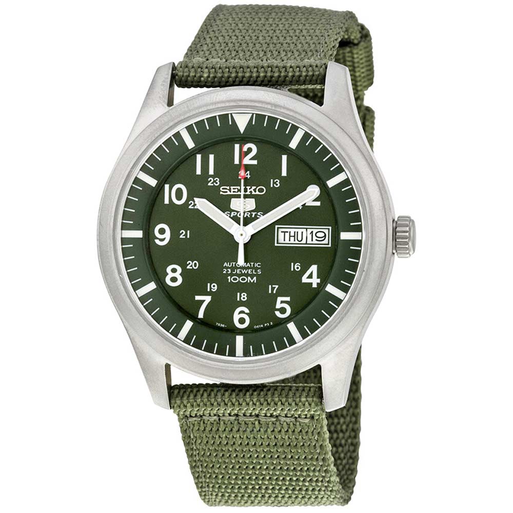Reloj Seiko 5 Sports SNZG09 Automatico Correa de Nailon Verde Acero Mate