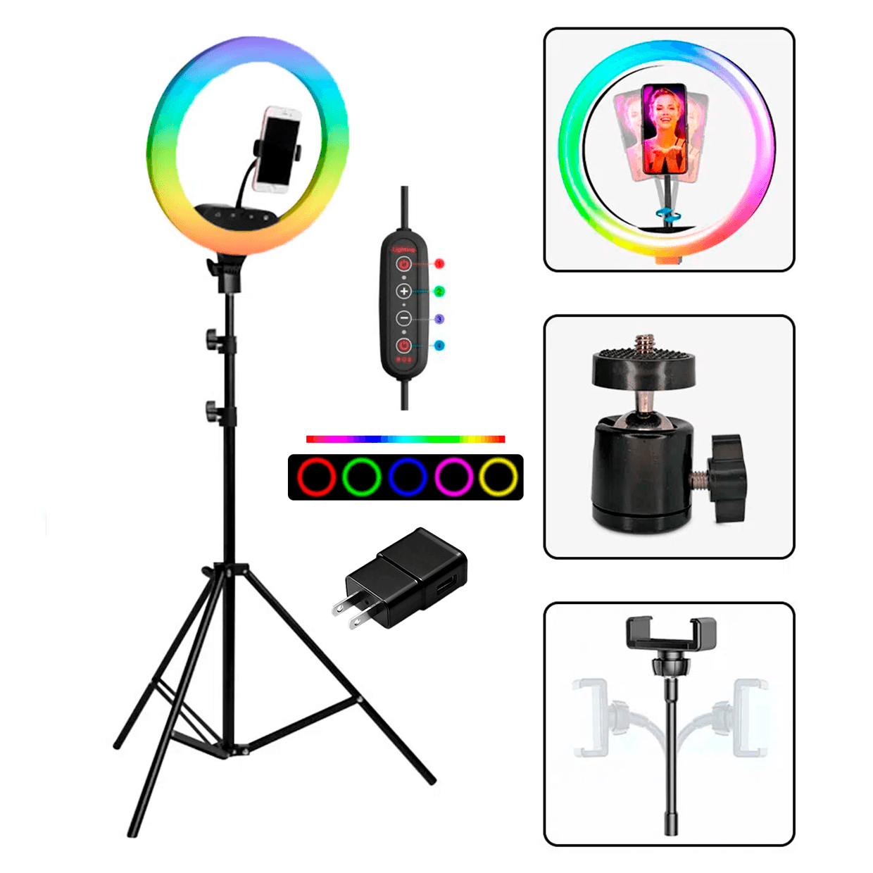 Aro Luz Rgb 33cm Video Tiktok Redes Trípode 210cm Cargador