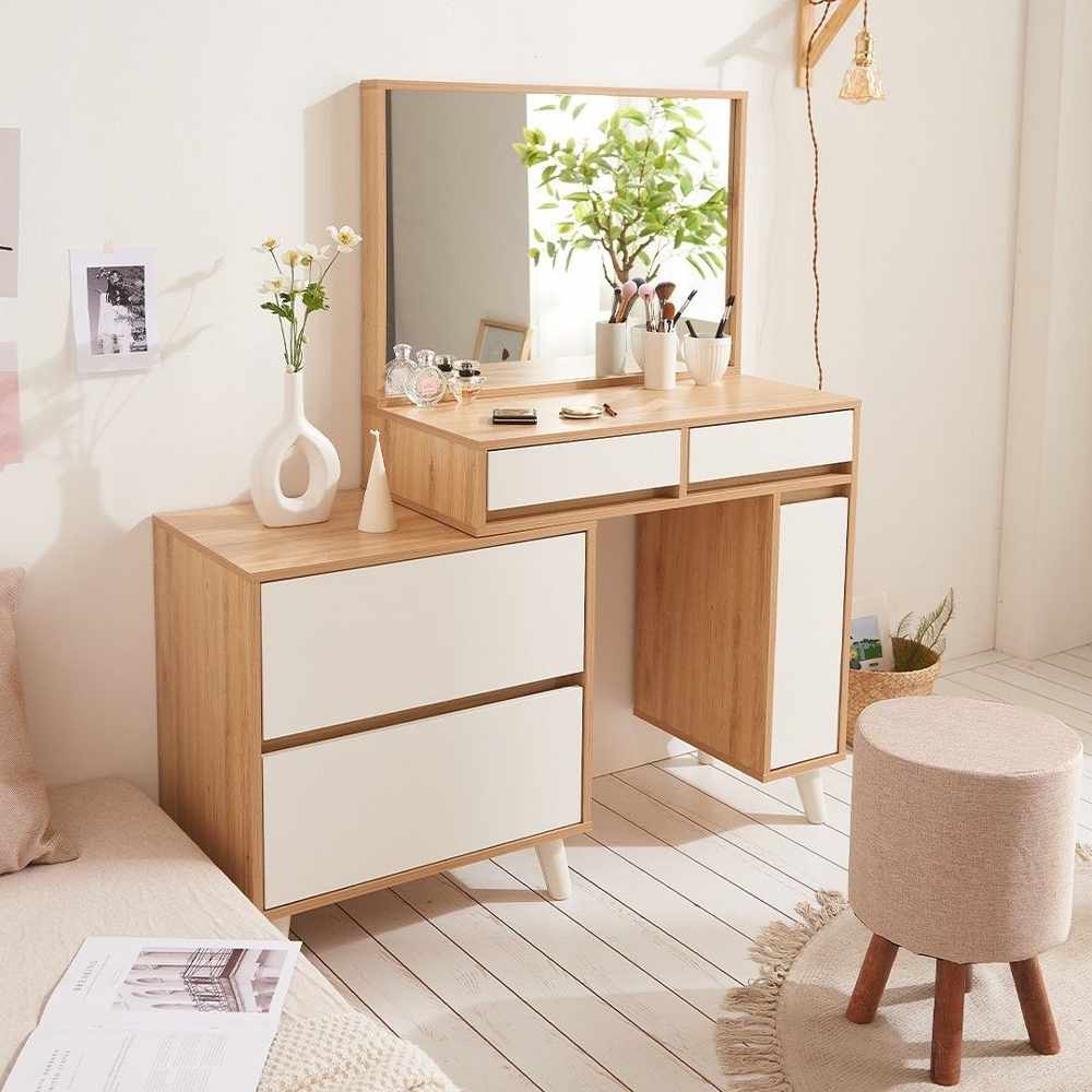 Tocador Galiard con Espejo y Asiento Color Roble Buralo\Blanco TU MESITA