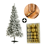 COMBO Árbol de Navidad Nevado 180cm 530 Ramas + Set de 122 Bolas de Árbol 4/6/8cm Dorado + Tira 10m de 200 Luces con Luz LED Cálida Orange