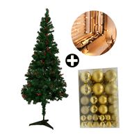 COMBO Árbol de Navidad con Berries 180cm 530 Ramas + Set de 122 Bolas de Árbol 4/6/8cm Dorado + Tira 10m de 200 Luces con Luz LED Cálida Orange
