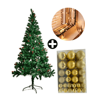 COMBO Árbol de Navidad con Berries 210cm 864 Ramas + Set de 122 Bolas de Árbol 4/6/8cm Dorado + Tira 10m de 200 Luces con Luz LED Cálida Orange