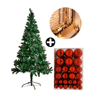 COMBO Árbol de Navidad con Berries 210cm 864 Ramas + Set de 122 Bolas de Árbol 4/6/8cm Rojo + Tira 10m de 200 Luces con Luz LED Cálida Orange