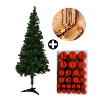 COMBO Árbol de Navidad con Berries 180cm 530 Ramas + Set de 122 Bolas de Árbol 4/6/8cm Rojo + Tira 10m de 200 Luces con Luz LED Cálida Orange