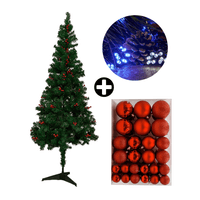 COMBO Árbol de Navidad con Berries 180cm 530 Ramas + Set de 122 Bolas de Árbol 4/6/8cm Rojo + Tira 10m de 200 Luces con Luz LED Fría Orange