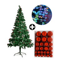 COMBO Árbol de Navidad con Berries 210cm 864 Ramas + Set de 122 Bolas de Árbol 4/6/8cm Rojo + Tira 10m de 200 Luces con Luz LED Multicolor Orange