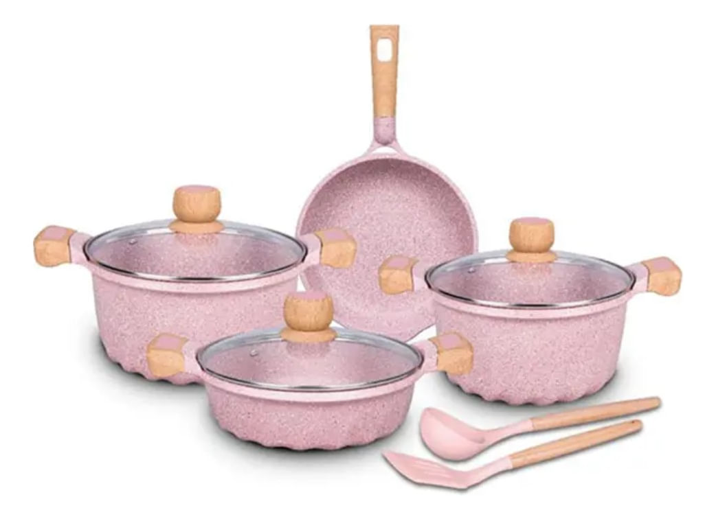 Juego De Olla Roca Volcánica Anti-adherente 9pcs Color Rosa - MGC