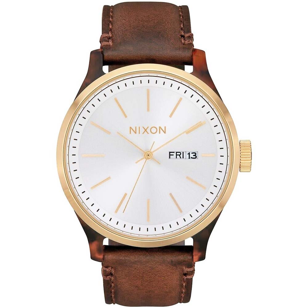 Reloj Nixon Sentry Luxe A12633169 Fecha Cuero Marrón Blanco
