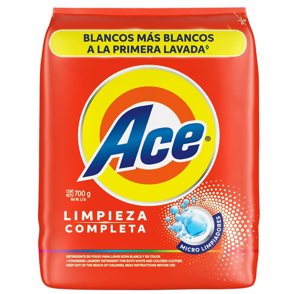 Detergente en Polvo ACE Limpieza Completa Bolsa 700g