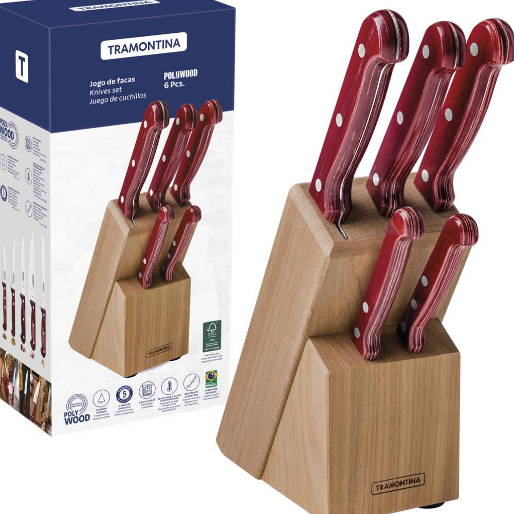 Juego de Cuchillos Tramontina Polywood Rojo con Soporte de Madera 6 Piezas - MEGA IMPORT