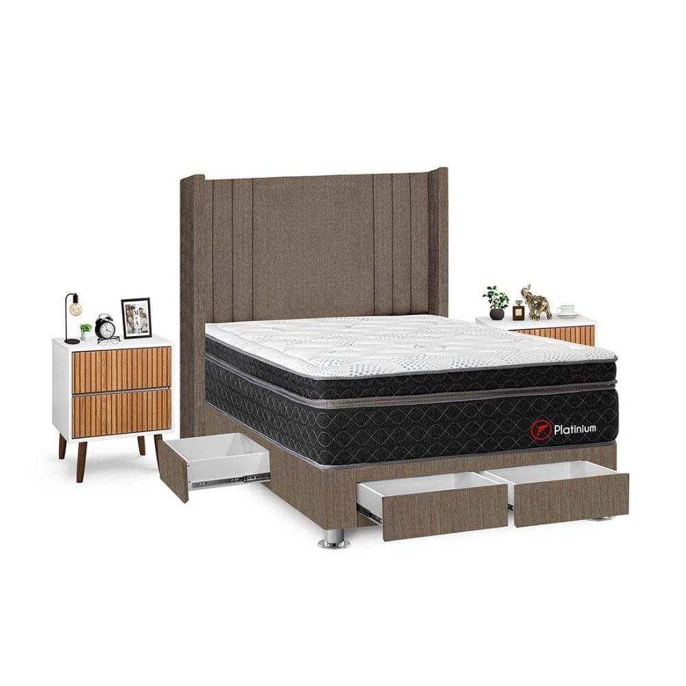 Juego de Dormitorio Forli Platinium 4 Cajones 2 Plazas Marrón + Velador Milan