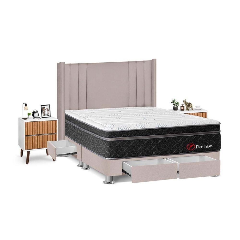 Juego de Dormitorio Forli Platinium 4 Cajones Queen Beige + Velador Milan