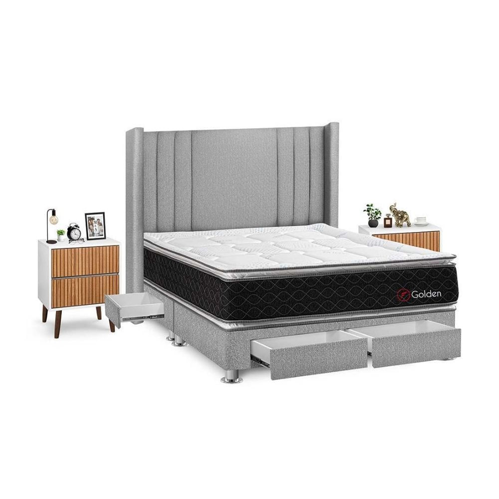 Juego de Dormitorio Forli Golden 4 Cajones Queen Plata + Velador Milan