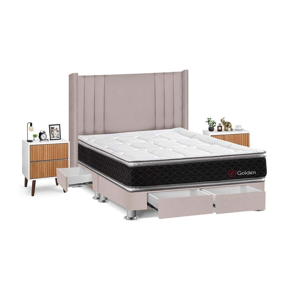Juego de Dormitorio Forli Golden 4 Cajones King Beige + Velador Milan