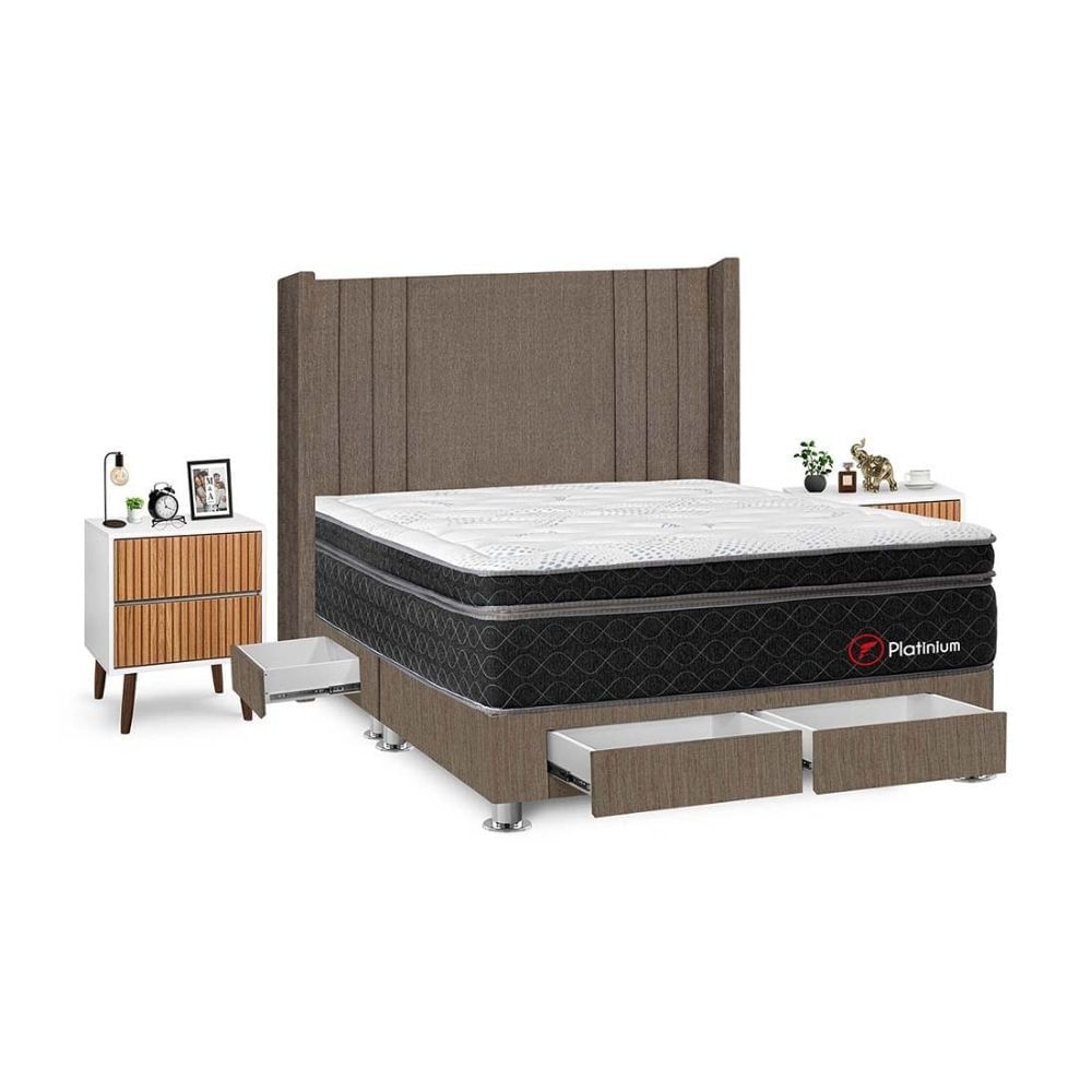 Juego de Dormitorio Forli Platinium 4 Cajones Queen Marrón + Velador Milan