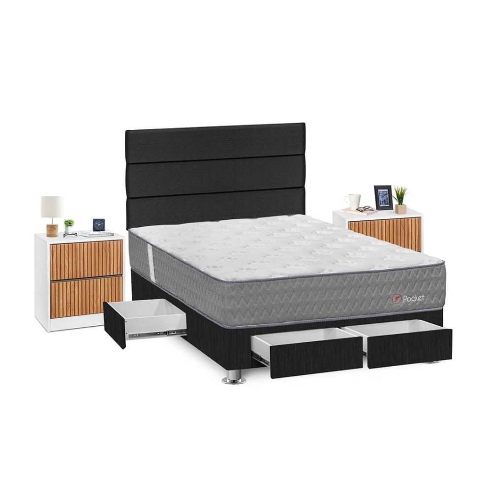 Juego de Dormitorio Forli Pocket 4 Cajones 2 Plazas Gris + Velador Roma