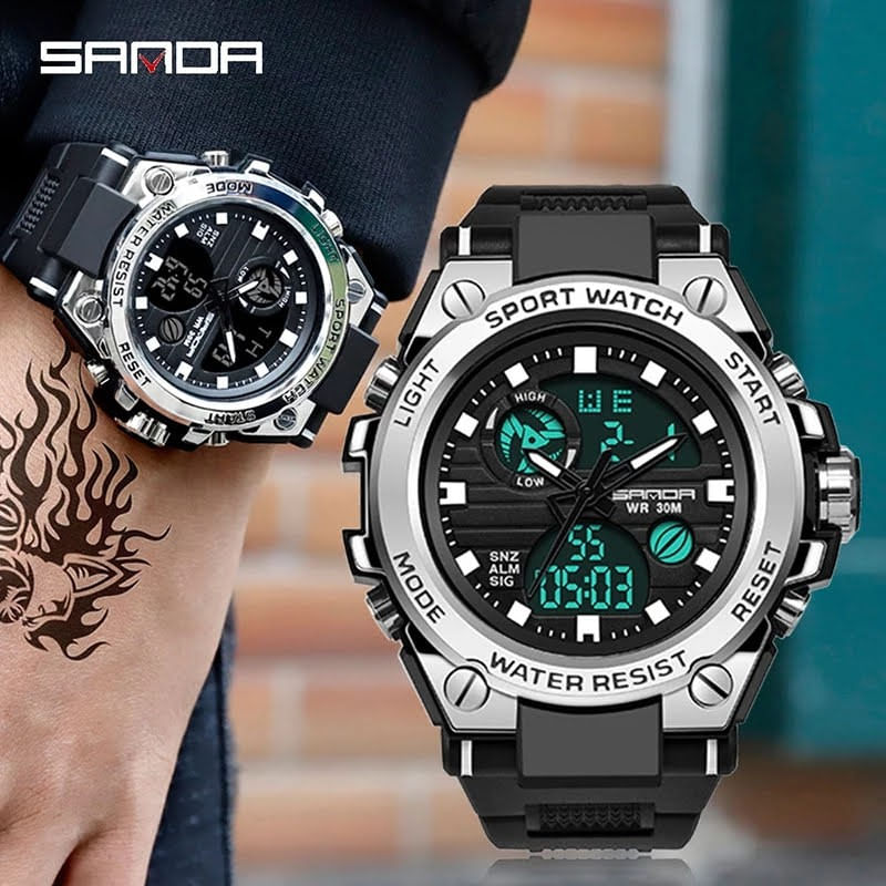 Reloj Hombre Deportivo Análogo Digital Impermeable Cronógrafo Militar Resistente al Agua -Plateado