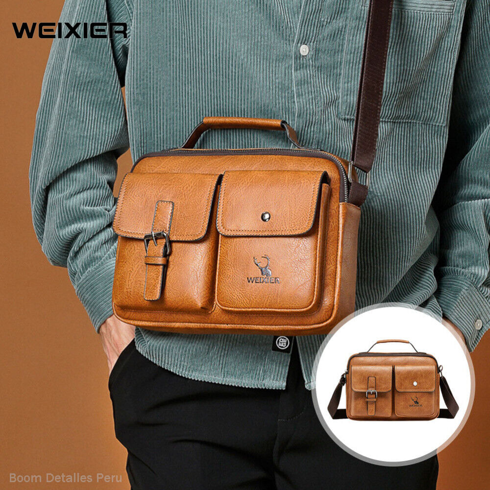 Morral Hombre Cuero PU Weixier Bandolera Impermeable Casual - Marrón