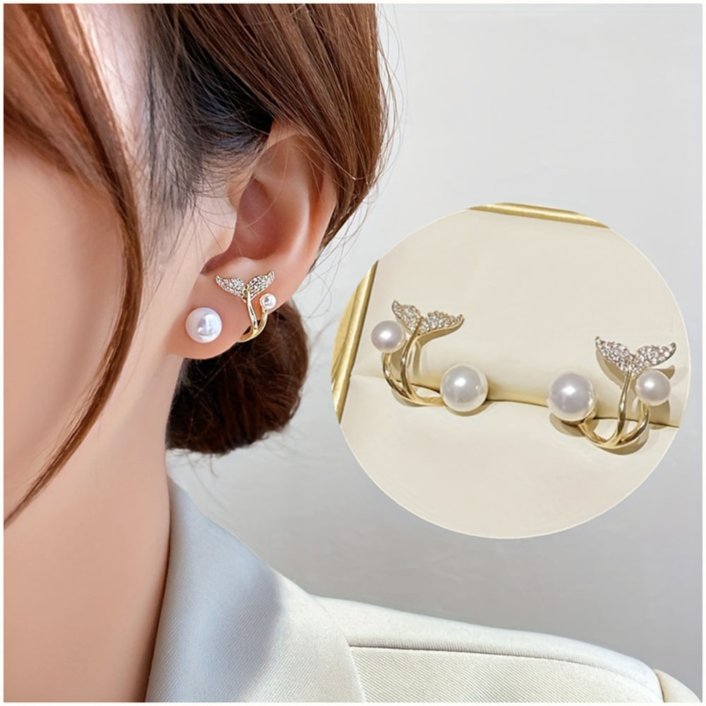 Aretes Dorados de Perla para Mujer Cola de Sirena con Brillo Joyería
