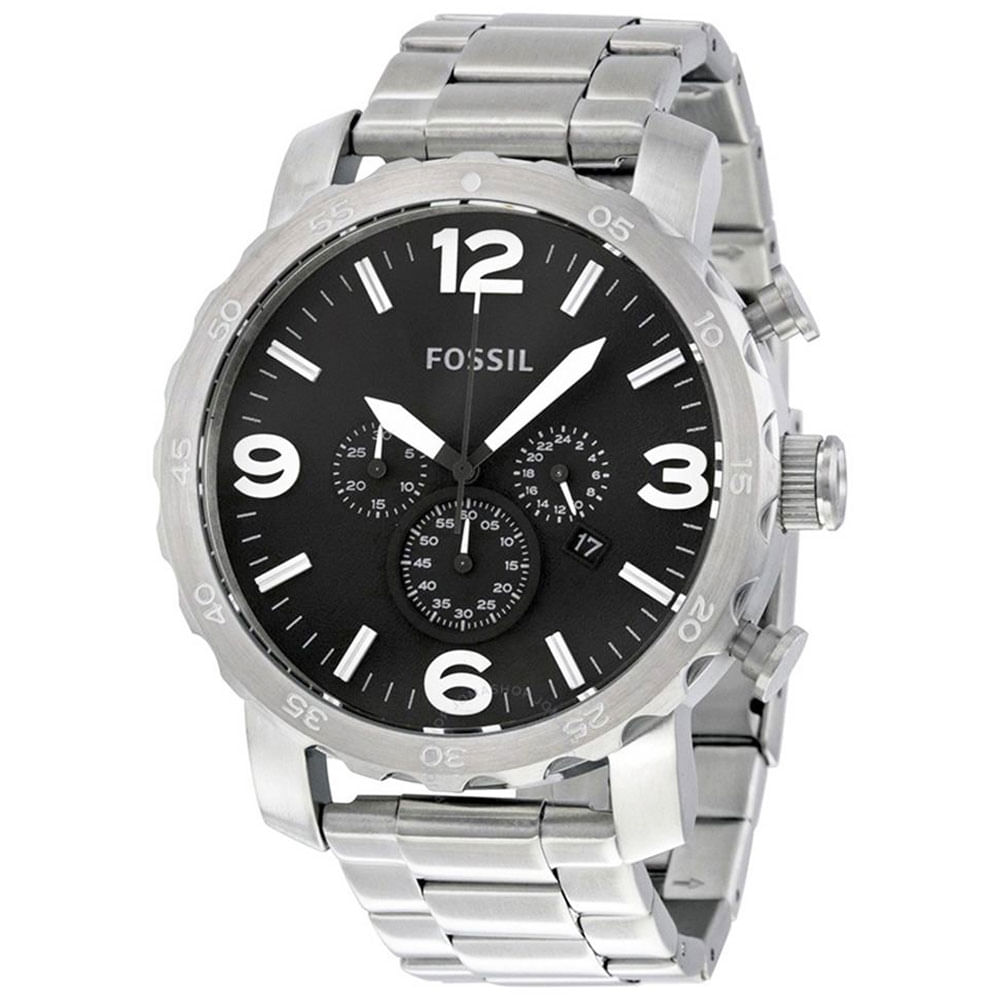 Reloj Fossil Nate JR1353 Fecha Cronometro Acero Plateado Negro