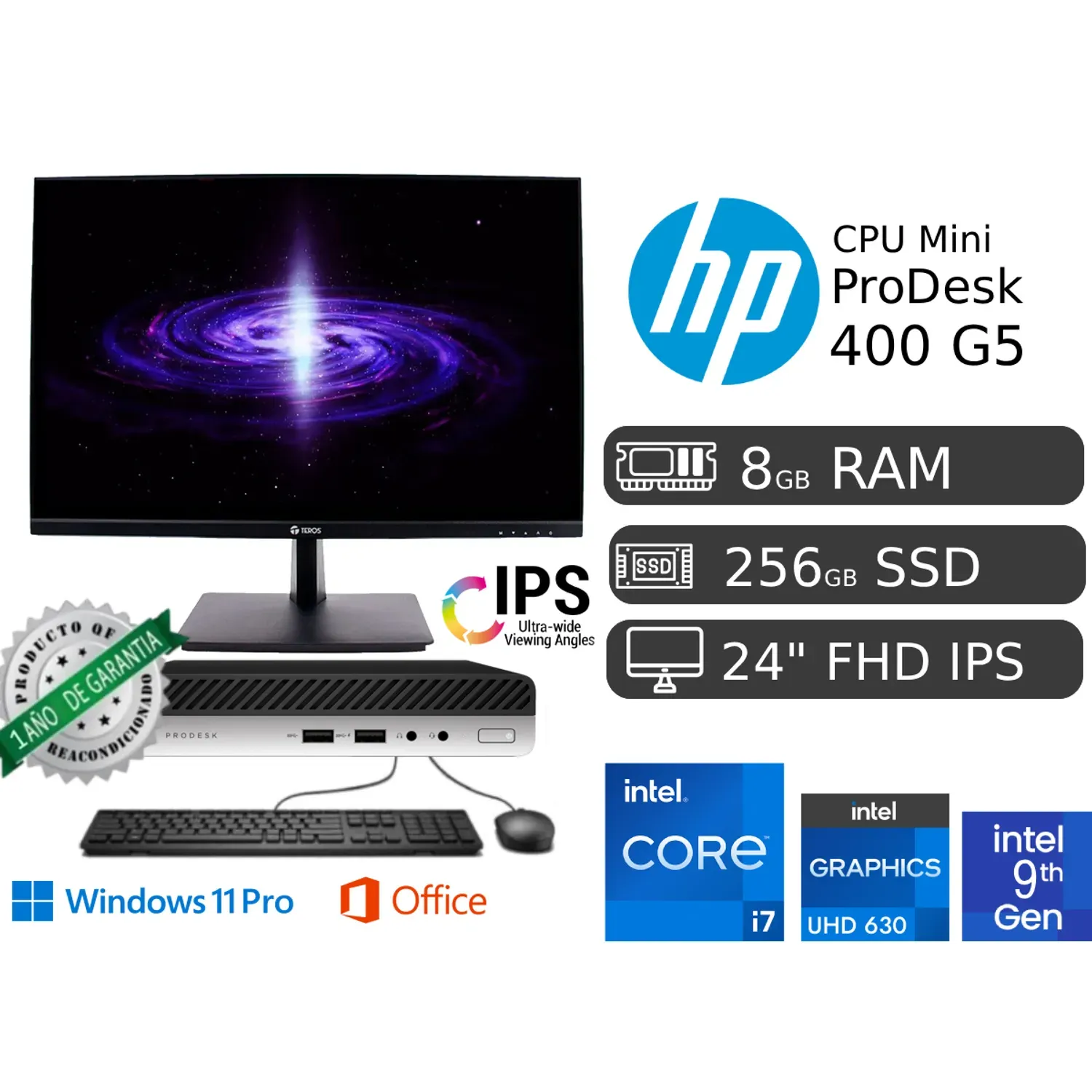 PC MINI HP PRODESK 400 G5 Ci7 9700T 8Gb Ram SSD 256 Reacondicionda + Led 24"" + 1 AÑO GARANTÍA