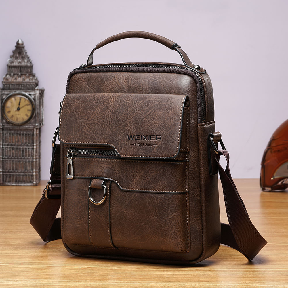 Morral Hombre Cuero Bandolera Impermeable Weixier Color Café