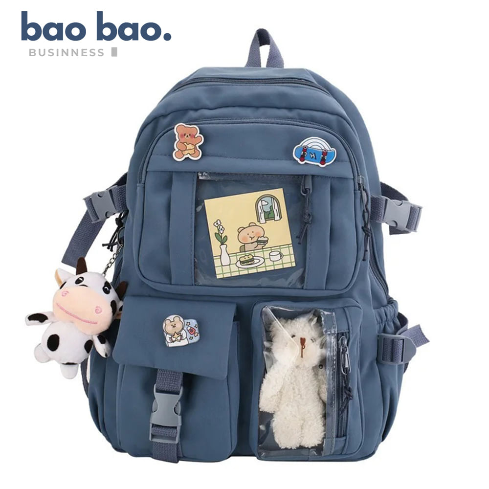 Mochila Kawaii Moda Coreana Colorida con Pines y Peluche para Mujer Niñas - Azul