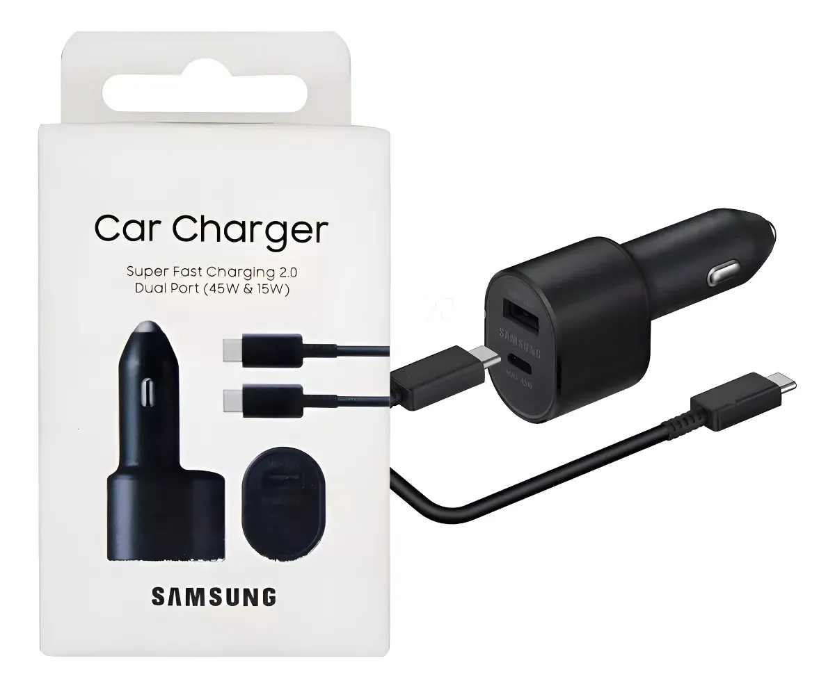 Cargador de auto Samsung con doble salida 45w/15w color negro