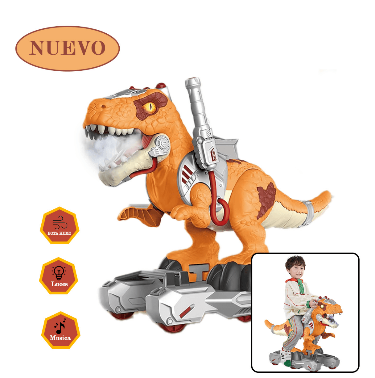Juguete Scooter Dinosaurio Efecto bota humo Musical y Luces