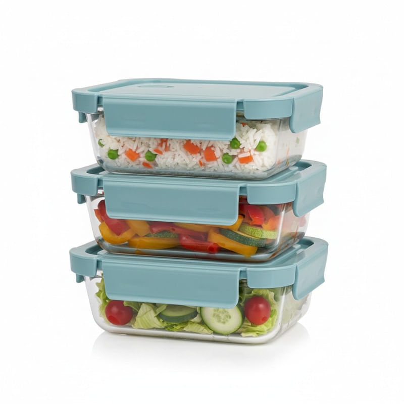 Taper De Vidrio Hermético 700ml Rectangular Set De 3 Unidades Celeste