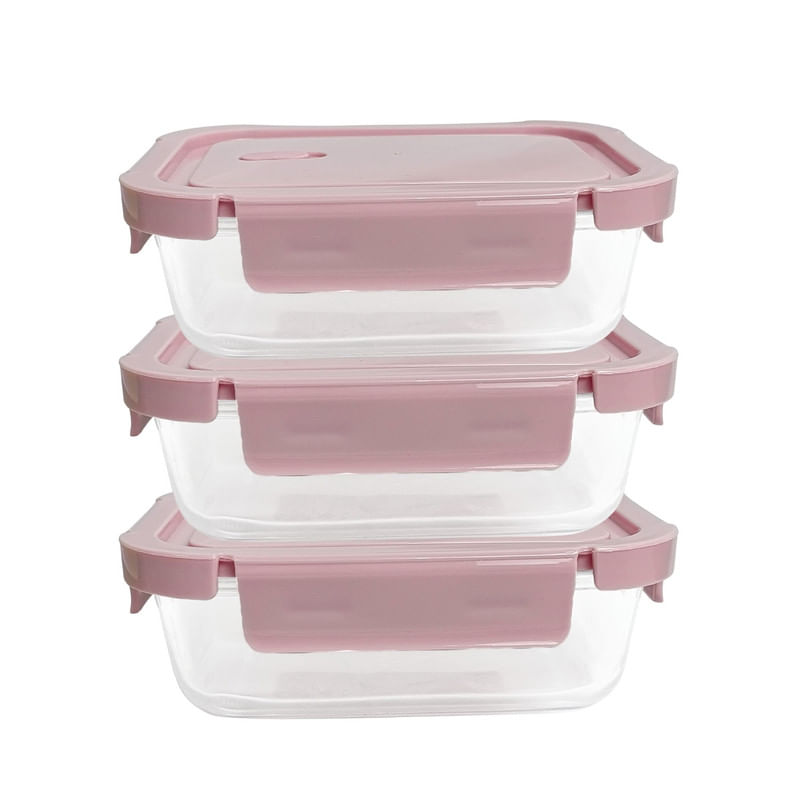 Taper De Vidrio 700ml Hermético y Práctico 3 Unidades Rosado