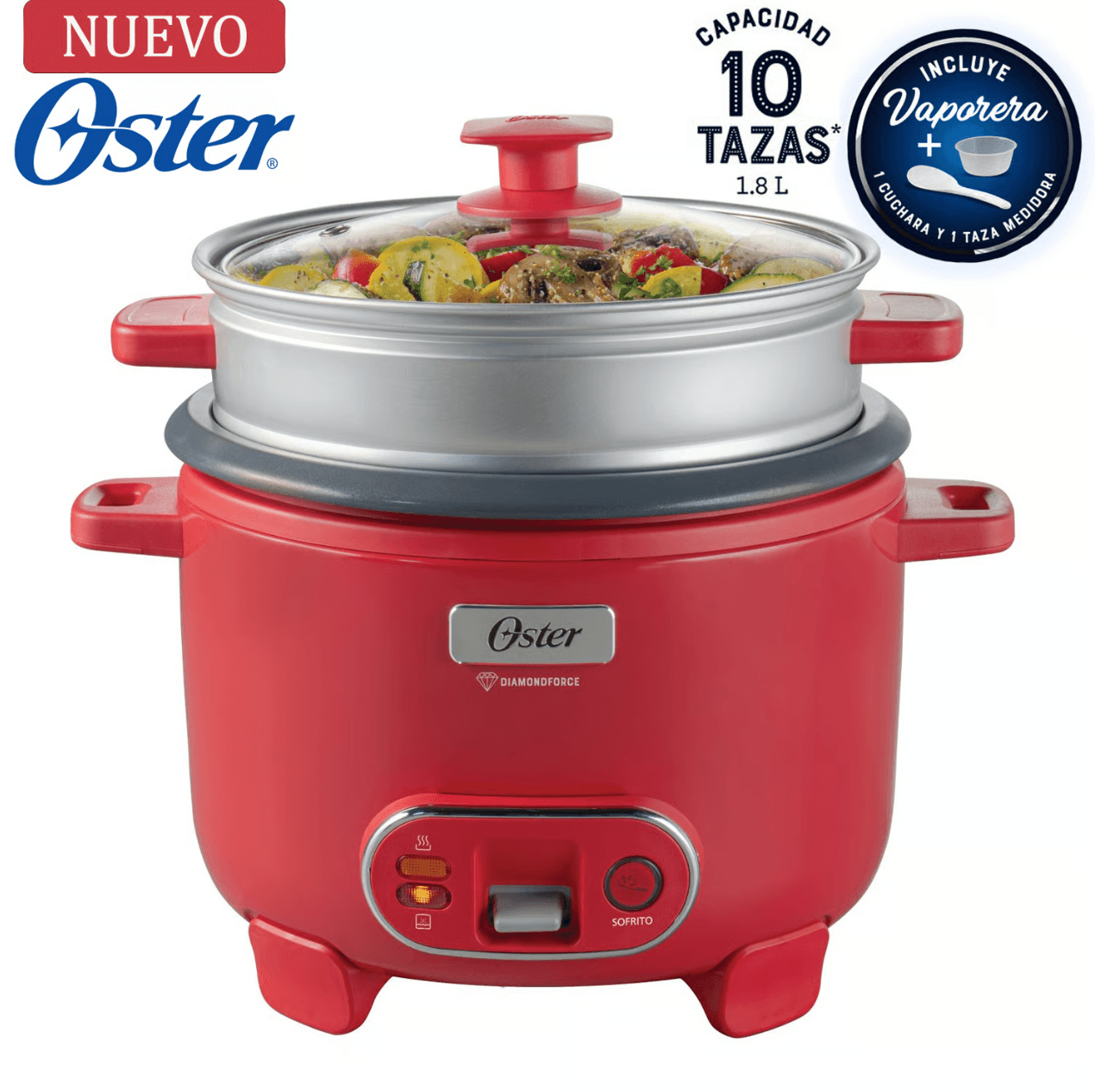 Olla Arrocera Oster 1.8L 3 en 1 Funcion de Sofrito Vaporera color Rojo CKSTRC10DFPNK