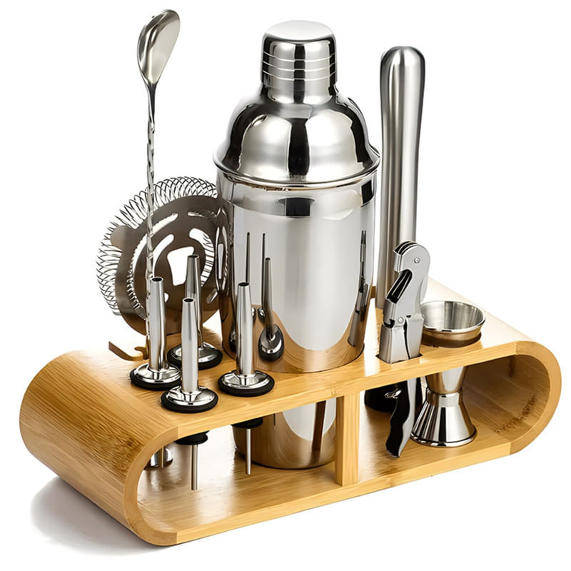 Set de Coctelería 12 Pzs Acero Inoxidable con Base de Bambú