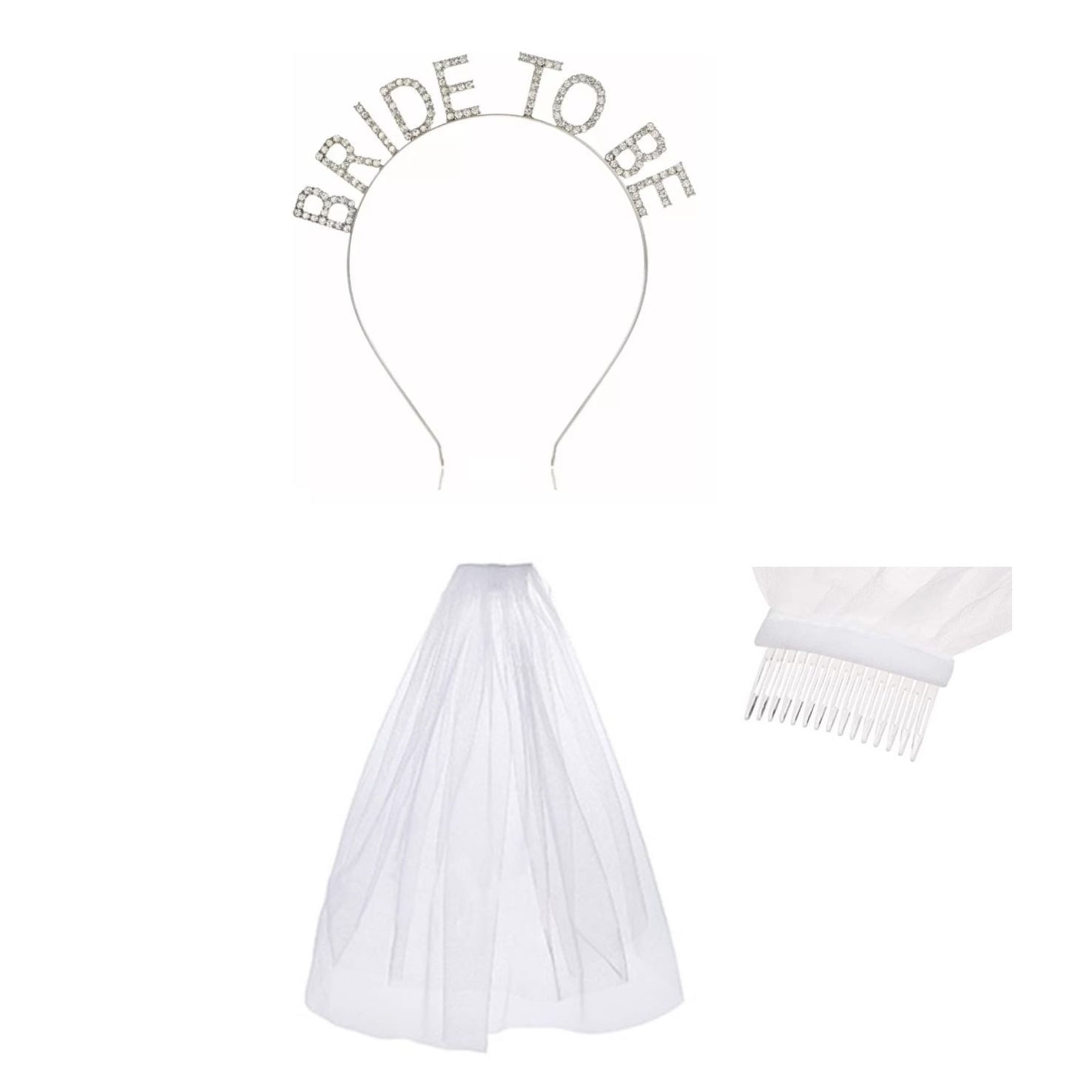 Set de velo blanco y vincha plateada bride to be para la novia despedida de soltera