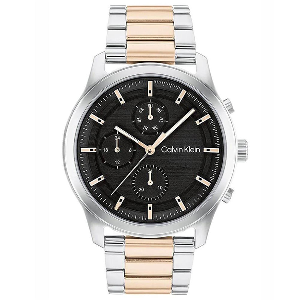 Reloj Calvin Klein 25200210 Multifuncional Acero Inoxidable Plateado Dorado Dial Negro