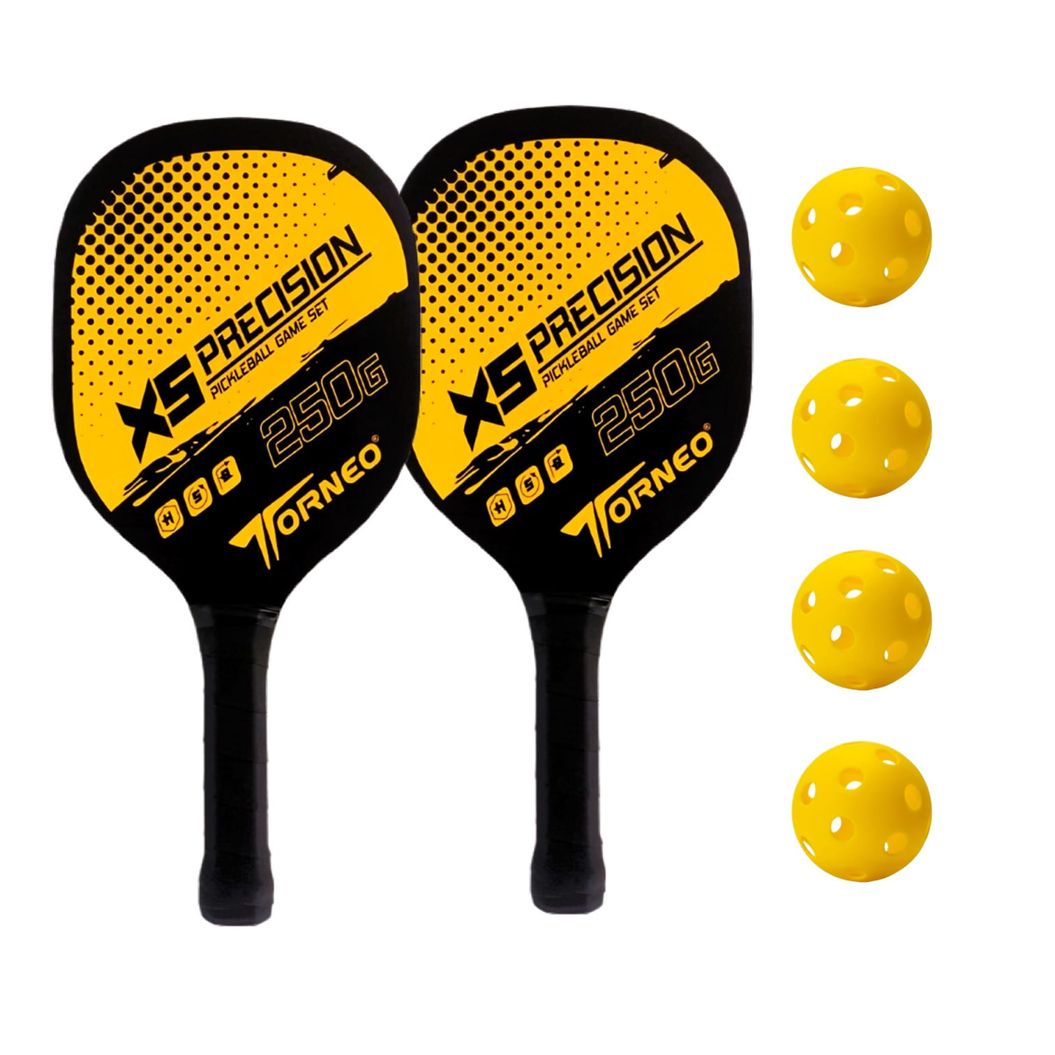 SET DE RAQUETAS PICKEBALL PARA ENTRENAMIENTO MADERA CON 4 PELOTAS TORNEO AMARILLO