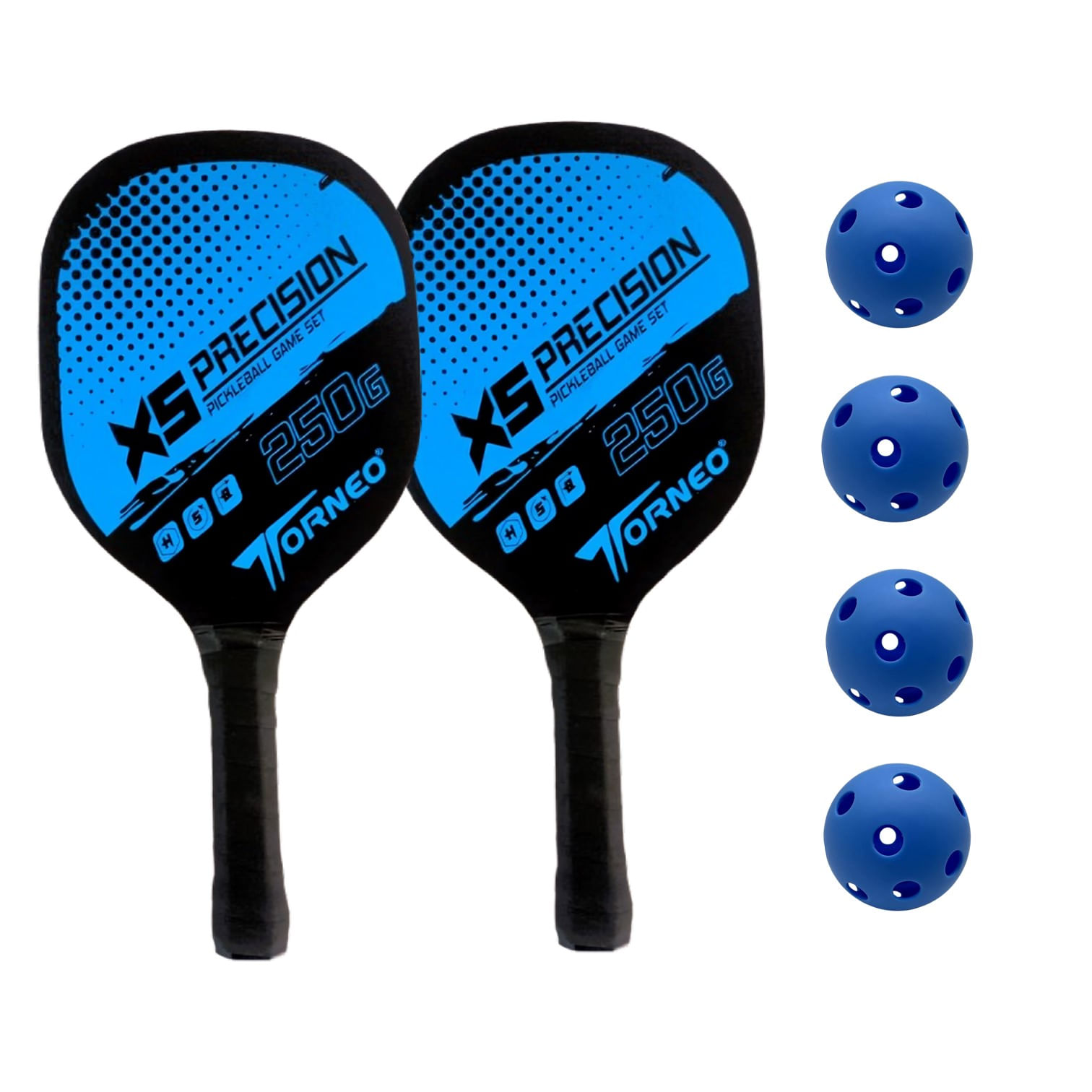 SET DE RAQUETAS PICKEBALL PARA ENTRENAMIENTO MADERA CON 4 PELOTAS TORNEO AZUL