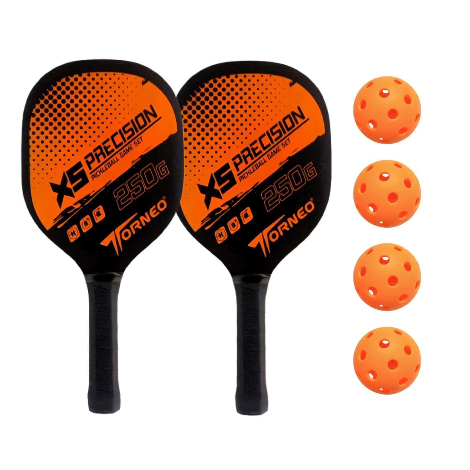 SET DE RAQUETAS PICKEBALL PARA ENTRENAMIENTO MADERA CON 4 PELOTAS TORNEO NARANJA